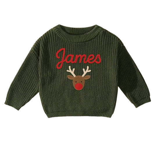 Custom Name Christmas Reindeer Embroider Knit Baby Sweater, Custom Christmas Baby Knit Sweatshirt BB0123