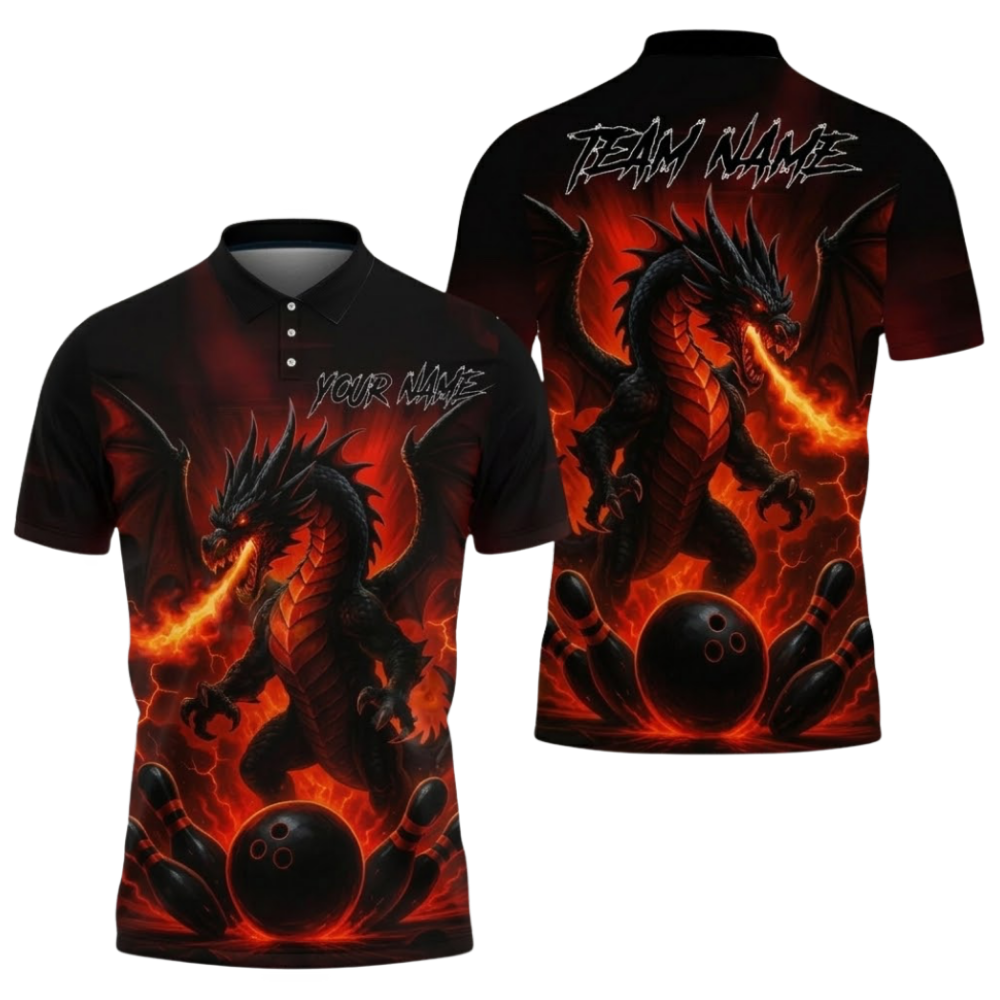 Dragon Red Fire Custom Bowling Polo Shirt For Men, Custom Dragon Bowling Shirts Team BZ0638
