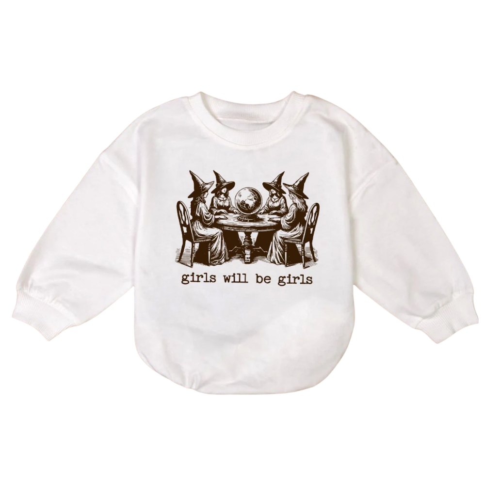 Girls Will Be Girls Witch Baby Romper Sweatshirt, Halloween Baby Romper Sweatshirt BB0012