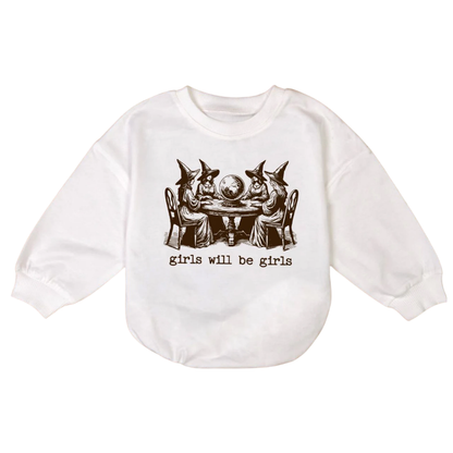 Girls Will Be Girls Witch Baby Romper Sweatshirt, Halloween Baby Romper Sweatshirt BB0012