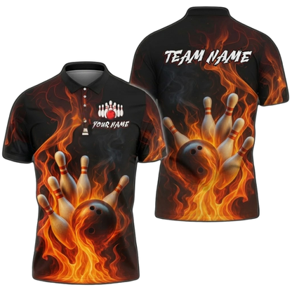 Custom Flaming Ball Bowling Men Polo Shirt, Custom Flame Bowling Shirts For Team BZ0509