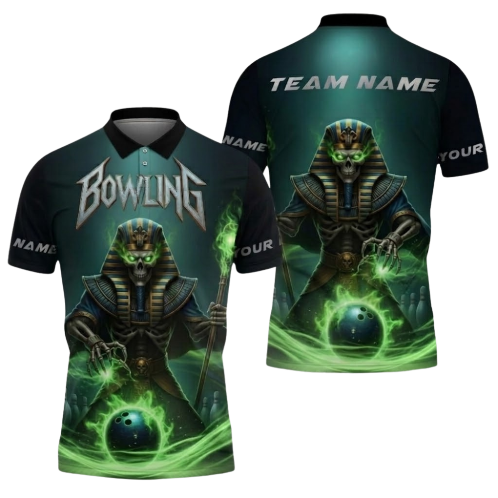Custom Mens Pharaoh Skull Bowling Polo Shirt, Custom Skeleton Bowling Shirts Team BZ0678