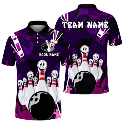Funny Pins Custom Mens Bowling Polo Shirt Purple, Custom Fun Bowling Team Shirts BZ0476