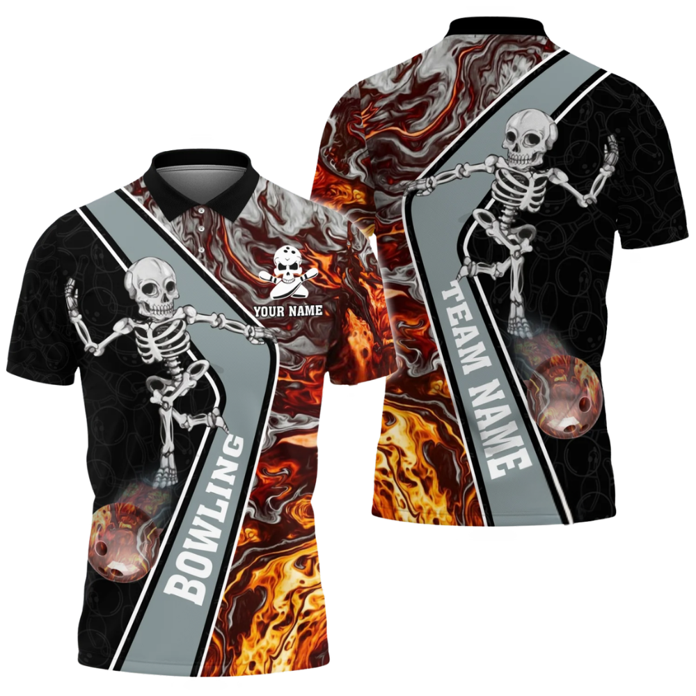 Custom Skeleton Flame Bowling Mens Polo Shirt, Custom Skull Bowling Team Shirts BZ0649