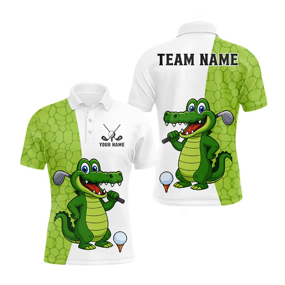 Custom Funny Crocodile Men's Green And White Golf Polo Shirts, Crocodile Golf Team Shirts GZ0471