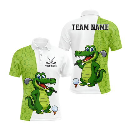 Custom Funny Crocodile Men's Green And White Golf Polo Shirts, Crocodile Golf Team Shirts GZ0471