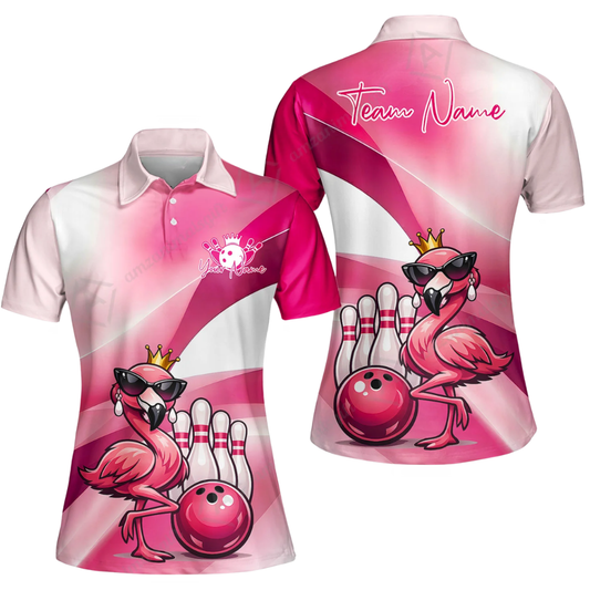 Women's Custom Flamingo Bowling Polo Shirt, Custom Flamingo Bowling Team Shirt For Ladies BZ0935