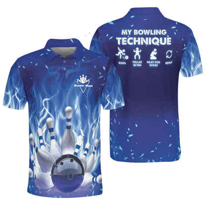 My Bowling Technique Custom Blue Red Flame Polo Shirt For Men, Custom Funny Flame Bowling Shirts BZ0497