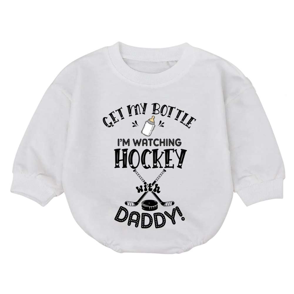 Get My Bottle I'm Watching Hockey With Daddy Baby Romper Sweatshirt, Hockey Daddy Baby Romper Sweatshirt BB0053