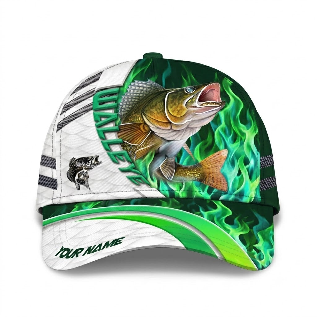 Custom Walleye Fish Green Flame Baseball 3D Cap, Custom Fishing Lover Cap Hat CP0726