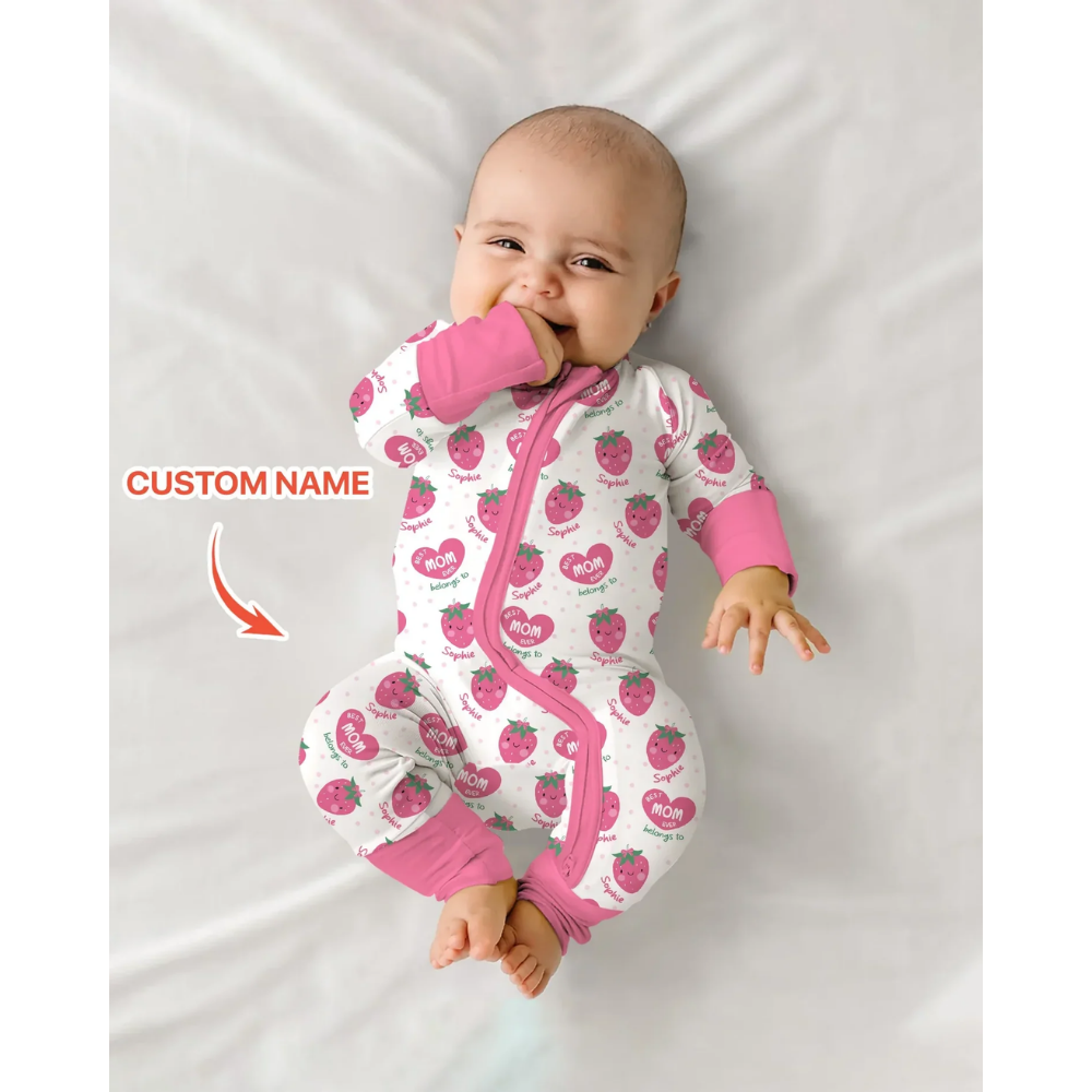 Best Mom Ever Belongs To Custom Name Strawberry Baby Romper Convertible Zipper, Mother Baby Romper Convertible BB0736