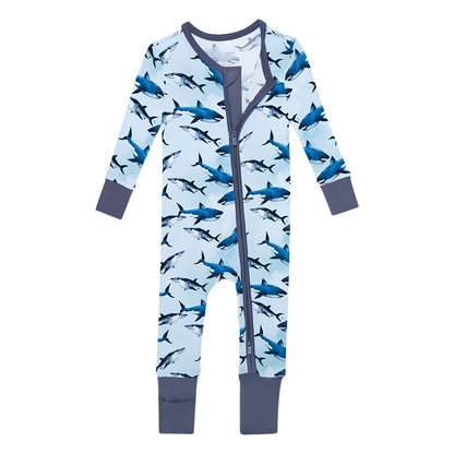 Blue Shark Baby Convertible Zippy Romper, Shark Lover Convertible Baby Romper BB0876