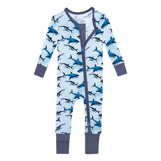 Blue Shark Baby Convertible Zippy Romper, Shark Lover Convertible Baby Romper BB0876