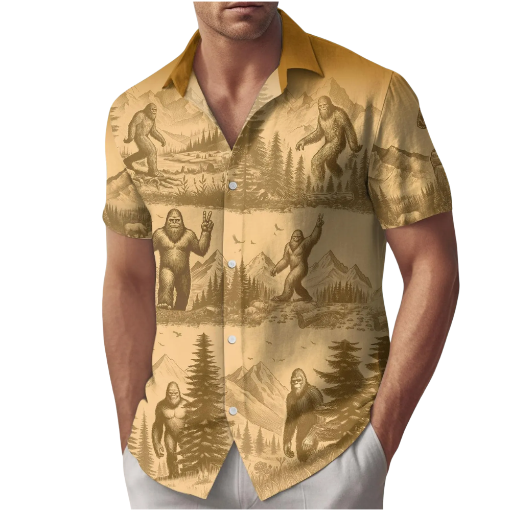Bigfoot Hiking Yellow Hawaiian Shirt For Men Women, Sasquatch Bigfoot Hawaiian Shirts HE0354