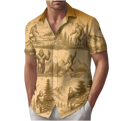 Bigfoot Hiking Yellow Hawaiian Shirt For Men Women, Sasquatch Bigfoot Hawaiian Shirts HE0354