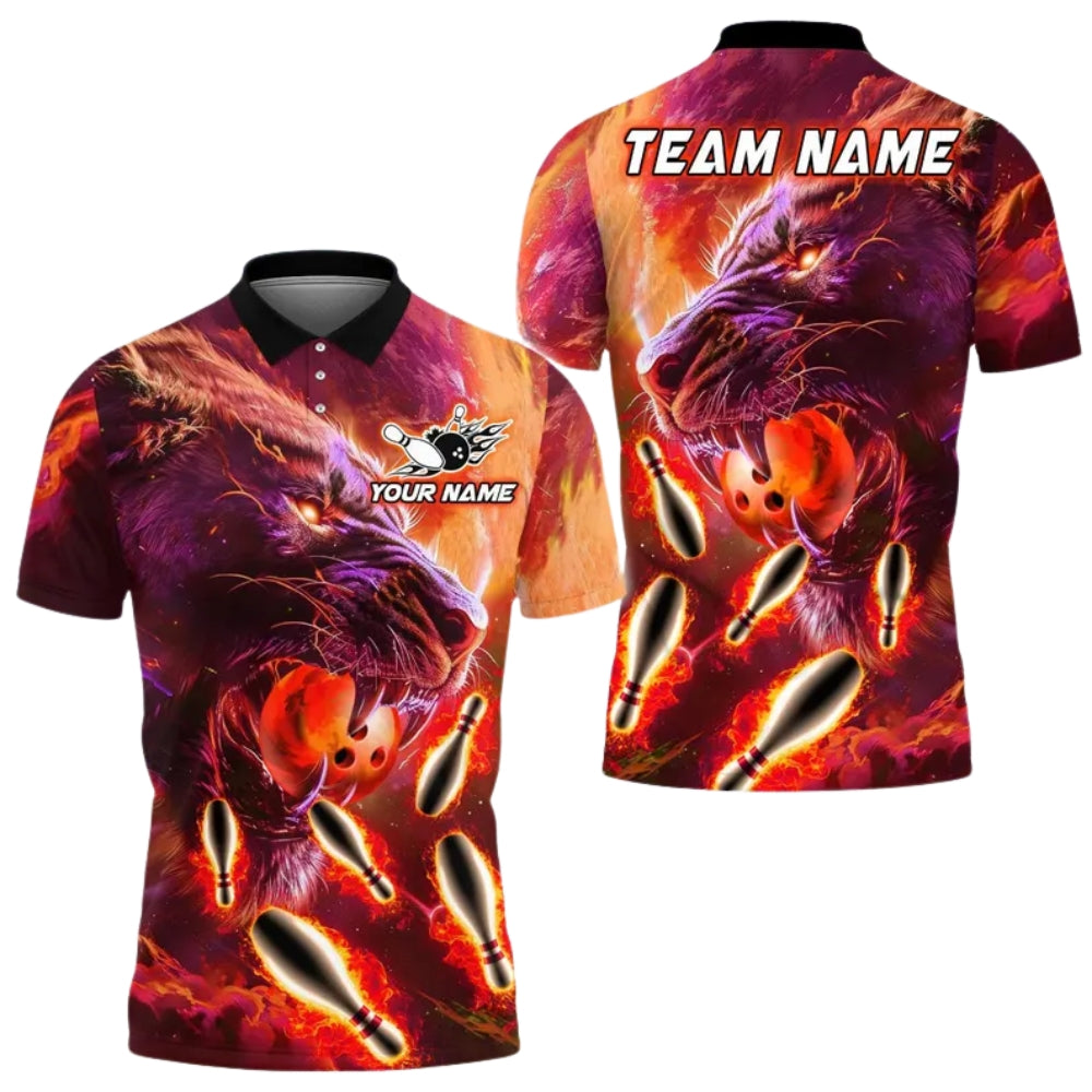 Custom Blue Lion Bowling Polo Shirt Mens, Custom Lion Bowling Team Shirts BE0144