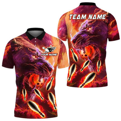 Custom Blue Lion Bowling Polo Shirt Mens, Custom Lion Bowling Team Shirts BE0144