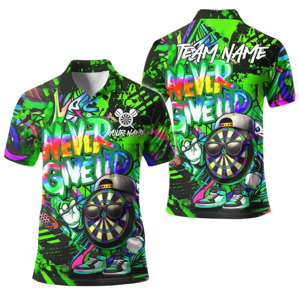 Never Give Up Custom Funny Dartboard Darts Polo Shirt For Mens, Custom Funny Darts Team Shirts DE0050