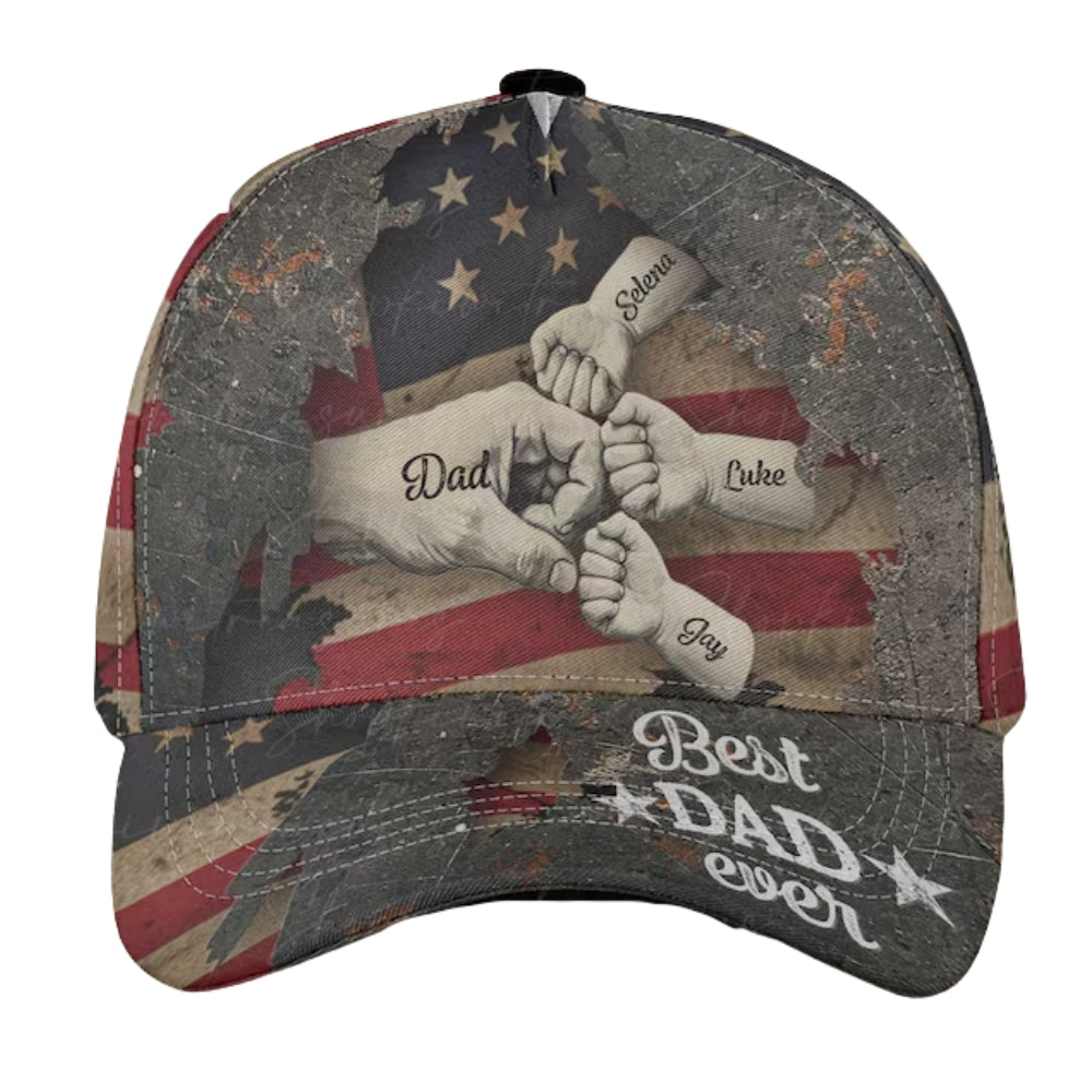 Custom Fist Bump American Flag Baseball Cap With Kid Names, Custom Father's Day Patriotic Cap CP0505