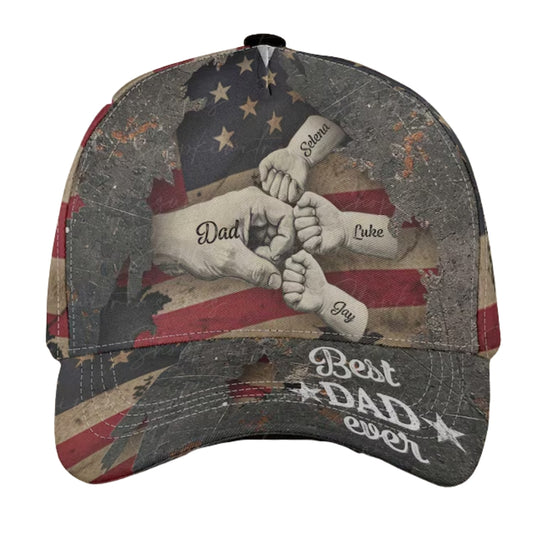 Custom Fist Bump American Flag Baseball Cap With Kid Names, Custom Father's Day Patriotic Cap CP0505