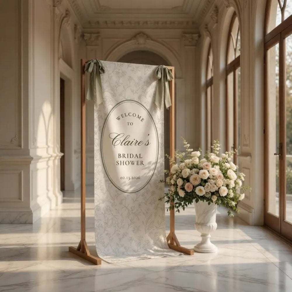 Custom Bridal Shower Linen Welcome Banner Toile de Jouy, Personalized Bridal Party Welcome Sign Green White WD0973