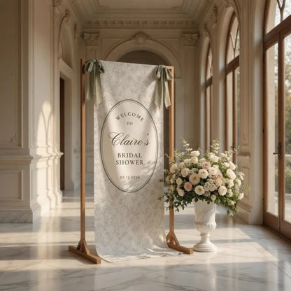 Custom Bridal Shower Linen Welcome Banner Toile de Jouy, Personalized Bridal Party Welcome Sign Green White WD0973