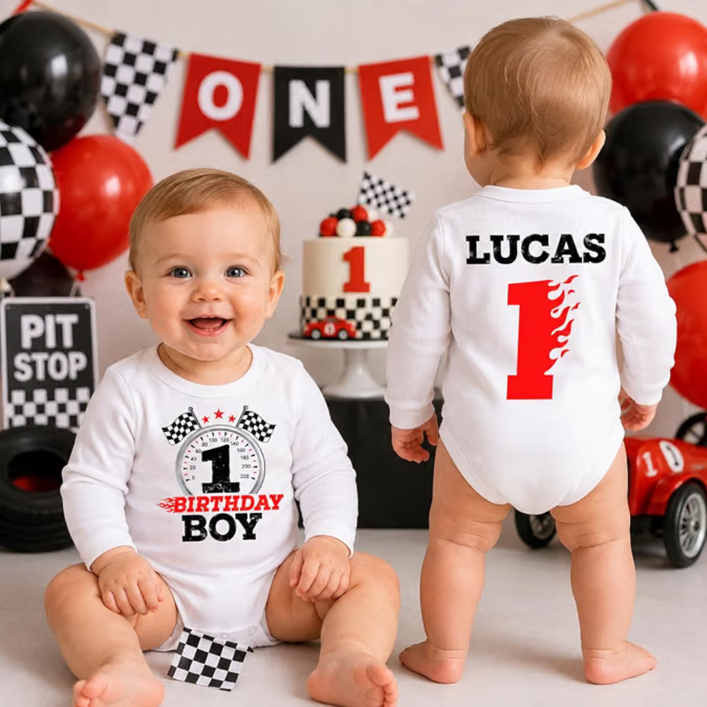 Custom Race Car Birthday Boy Baby Romper Sweatshirt, Custom Racing First Birthday Romper Sweatshirt Baby BB0572