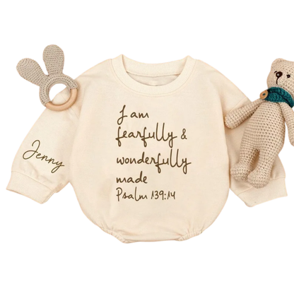 I Am Fearfully & Wonderfully Made Psalm 139:14 Custom Baby Romper Sweatshirt, Personalized Christian Sweatshirt Baby Romper BB0453