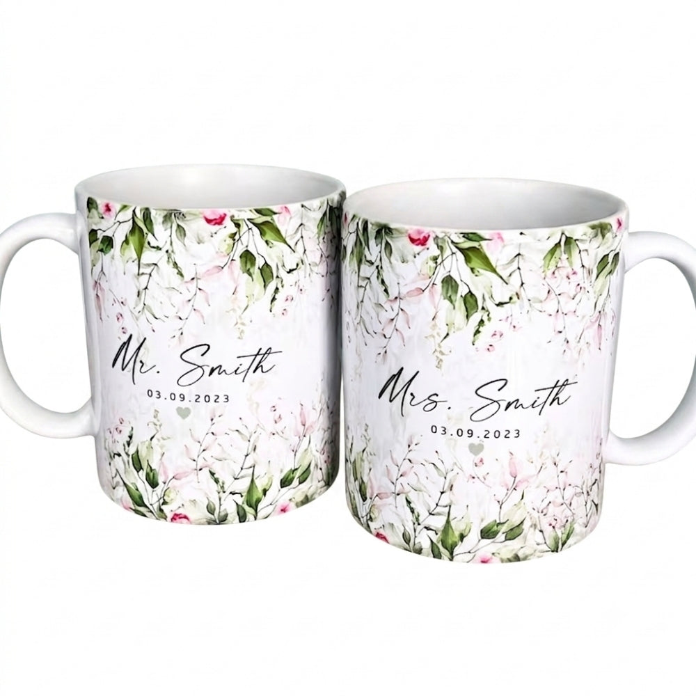 Personalized Mr And Mrs Floral Coffee Mug, Custom Bride And Groom Mug WD0263