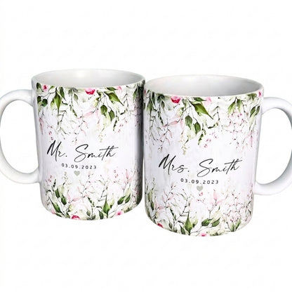 Personalized Mr And Mrs Floral Coffee Mug, Custom Bride And Groom Mug WD0263