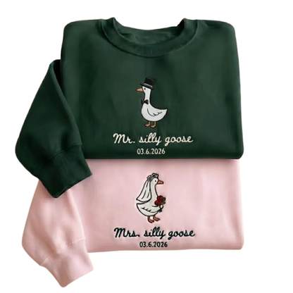 Custom Mr And Mrs Silly Goose Matching Embroidered Sweatshirt For Bride And Groom, Custom Wedding Couple Sweatshirts 2D0868