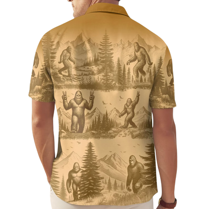 Bigfoot Hiking Yellow Hawaiian Shirt For Men Women, Sasquatch Bigfoot Hawaiian Shirts HE0354