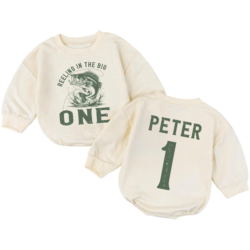 Custom Reeling In The Big One Fish Baby Romper Sweatshirt, Custom Fishing First Birthday Baby Romper Sweater BB0573
