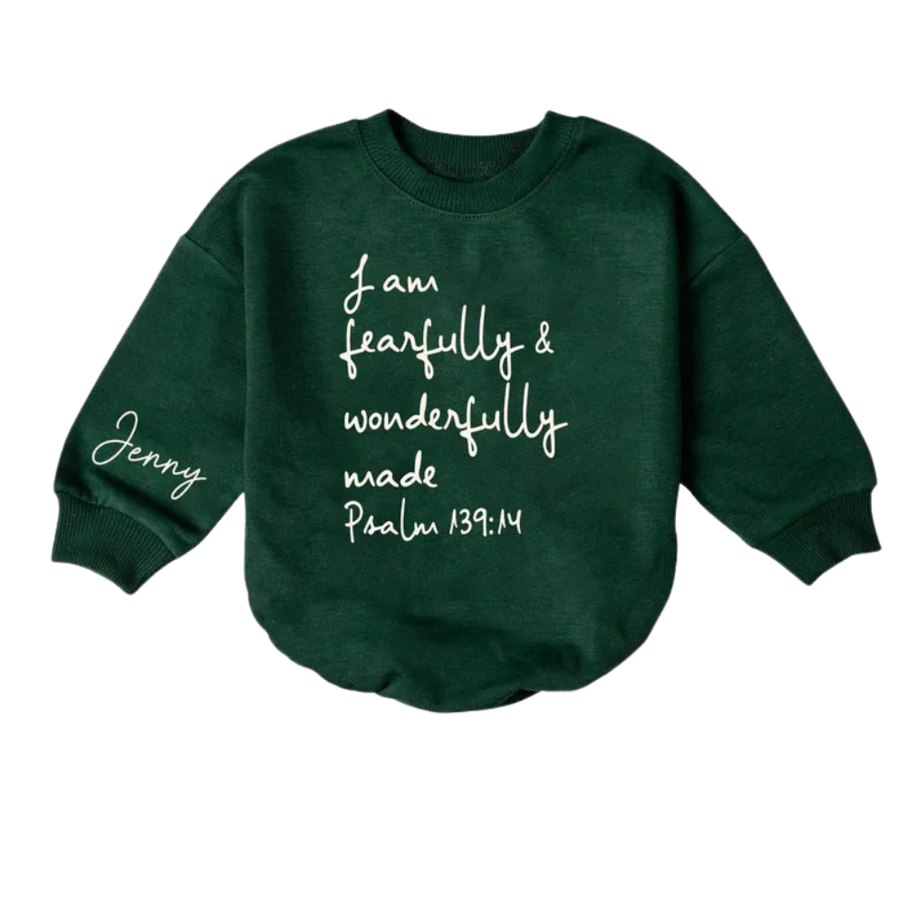 I Am Fearfully & Wonderfully Made Psalm 139:14 Custom Baby Romper Sweatshirt, Personalized Christian Sweatshirt Baby Romper BB0453
