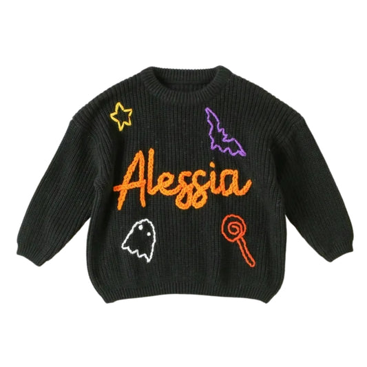 Halloween Custom Name Baby Embroidered Knit Sweater, Custom Halloween Baby Sweatshirt BB0789