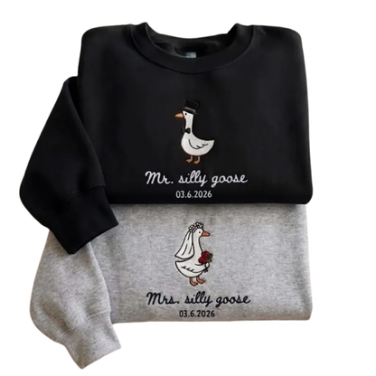 Custom Mr And Mrs Silly Goose Matching Embroidered Sweatshirt For Bride And Groom, Custom Wedding Couple Sweatshirts 2D0868