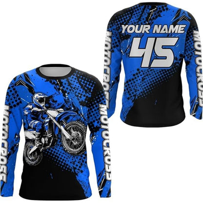 Personalised Men's Blue Motocross Long Sleeve Jersey, MX Jersey Custom MZ0014