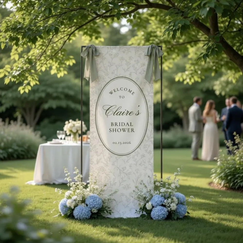 Custom Bridal Shower Linen Welcome Banner Toile de Jouy, Personalized Bridal Party Welcome Sign Green White WD0973