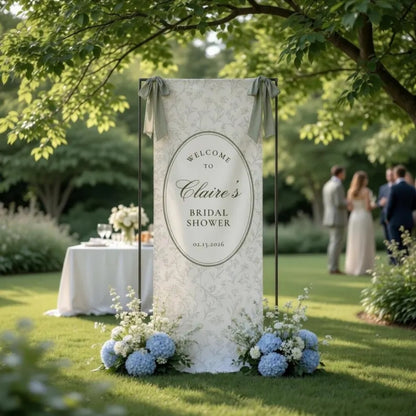 Custom Bridal Shower Linen Welcome Banner Toile de Jouy, Personalized Bridal Party Welcome Sign Green White WD0973