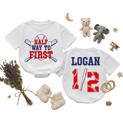 Custom Half Way To First Baseball Baby Romper Sweatshirt, Custom Baseball Half Birthday Baby Sweater BB0856