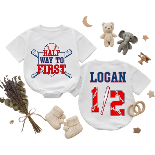 Custom Half Way To First Baseball Baby Romper Sweatshirt, Custom Baseball Half Birthday Baby Sweater BB0856