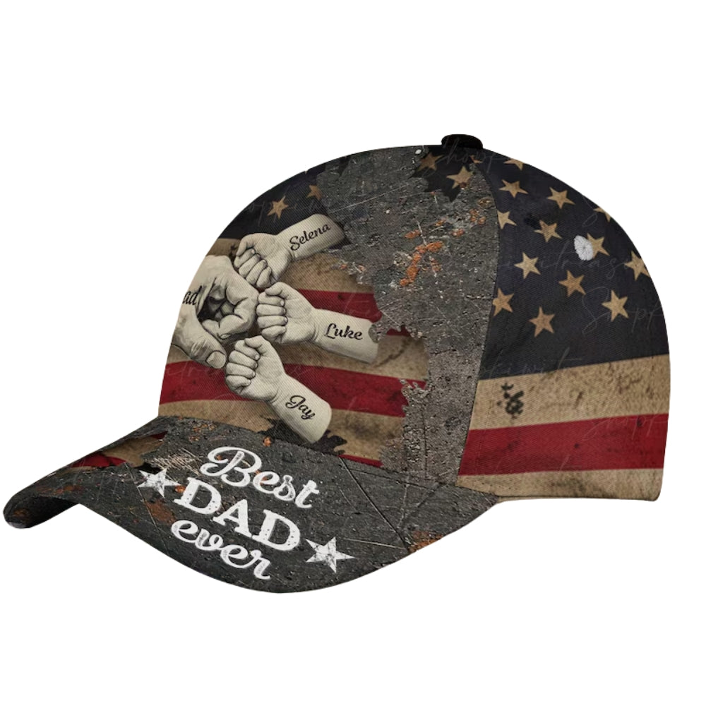 Custom Fist Bump American Flag Baseball Cap With Kid Names, Custom Father's Day Patriotic Cap CP0505