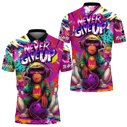 Never Give Up Custom Monkey Graffiti Mens Bowling Polo Shirt, Custom Monkey Bowling Team Shirts BE0143