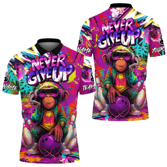Never Give Up Custom Monkey Graffiti Mens Bowling Polo Shirt, Custom Monkey Bowling Team Shirts BE0143