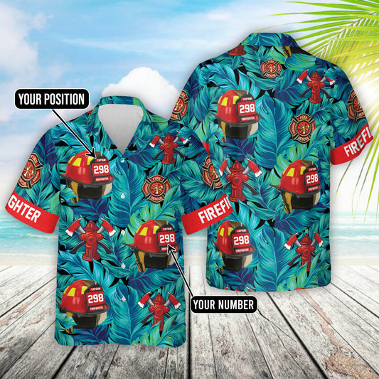 Custom Hawaiian Shirt Gift For Firefighter - Personalized Gifts For Fireman - Firefighter Helmet Tropical Pattern Hawaiian Shirt HO0327