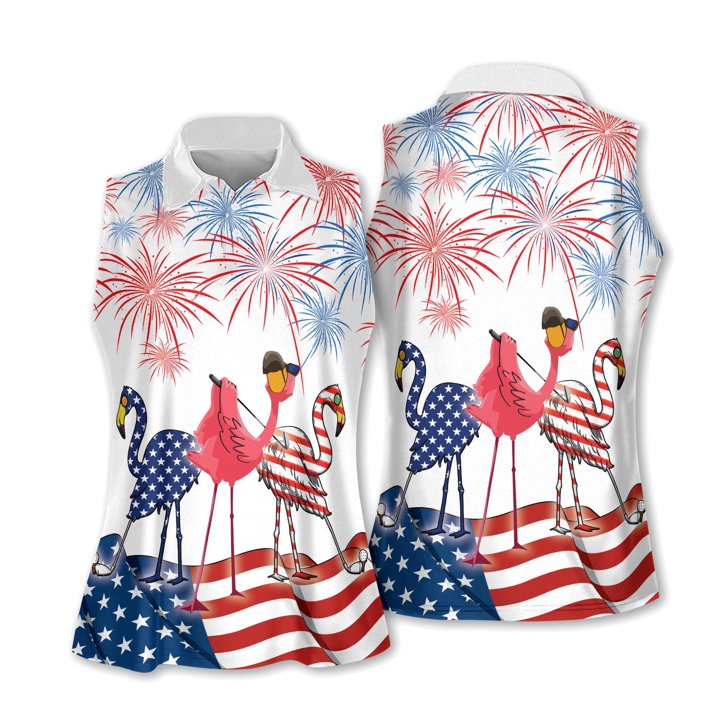 4th of july patriotic funny flamingo golf women sleeveless polo shirt GY0053