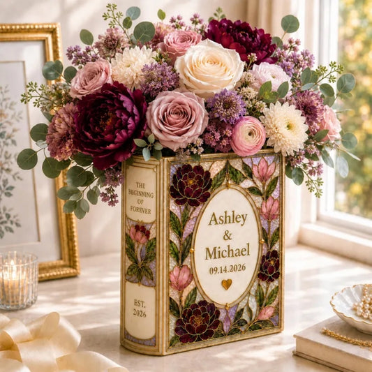 The Beggining Of Forever Custom Floral Stained Glass Ceramic Book Vase, Personalized Wedding Book Vase WD0974
