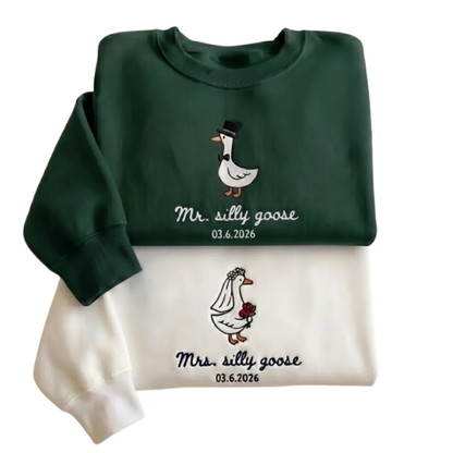 Custom Mr And Mrs Silly Goose Matching Embroidered Sweatshirt For Bride And Groom, Custom Wedding Couple Sweatshirts 2D0868