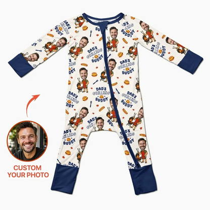 Dad's Grilling Buddy Custom Photo Baby Convertible Zipper Romper, Custom BBQ Convertible Baby Romper With Photo BB0737