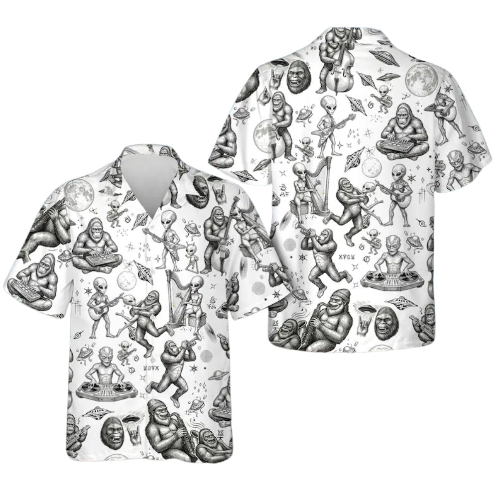 Bigfoot And Alien Black White Hawaiian Shirt Men Women, Sasquatch Space Hawaiian Shirts HE0208